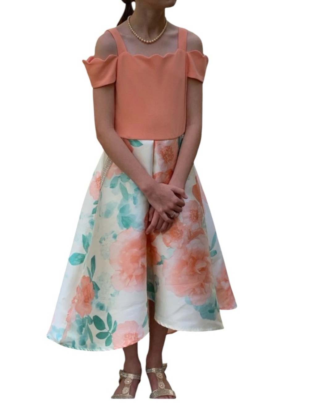 Xtraordinary Formal Dress Coral Bodice Floral High-Low with Mint Accents Size 10